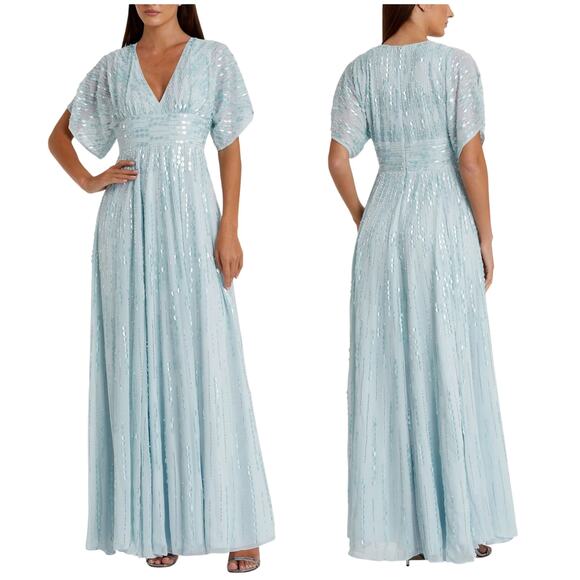 Mac Duggal NWT Powder Blue Embellished V Neck Evening Gown Size 6 Chiffon Sequin - Picture 1 of 9
